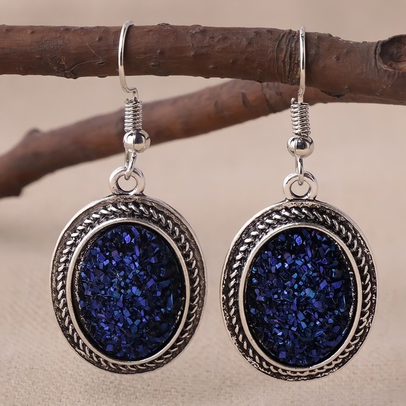 GlitzBlitz Boutique Jewelry - Any 4/$25! Silver & Navy Blue Glitter Oval Drop Earrings